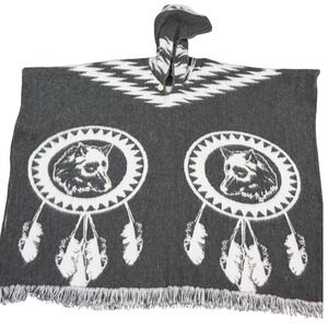 Tejidos Diaz Hooded Poncho Gray White Wolf Dreamcatcher Aztec Blanket‎ Cape Wool